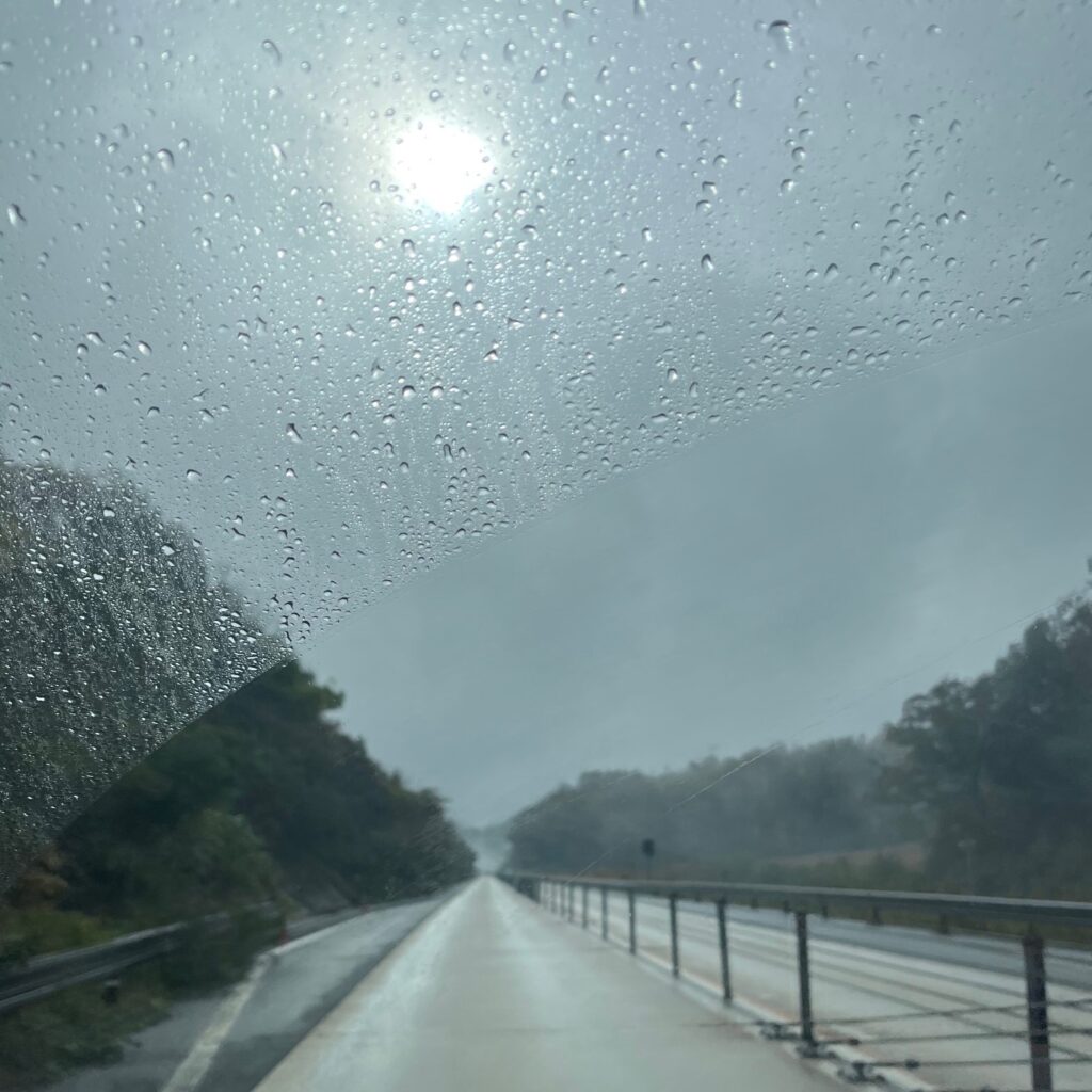 雨の中太陽の光が差して幻想的な風景になっている