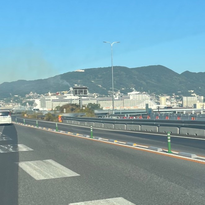 佐世保道路から見えた佐世保港に停泊している大型豪華客船、マンションが何棟も並んでいるかのように見えるほど大きい