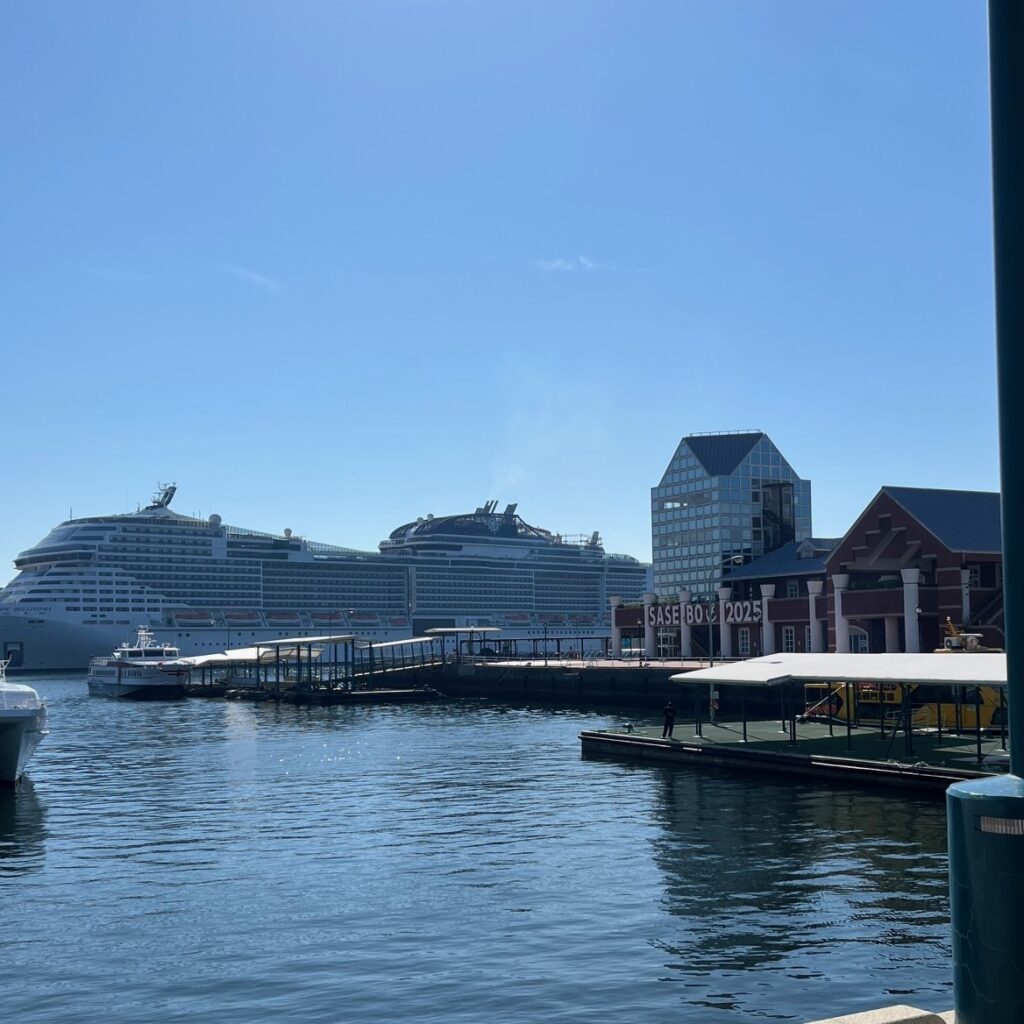 大型豪華客船MSCベリッシマが停泊している。周りの建物や船と比べても遥かに大きい