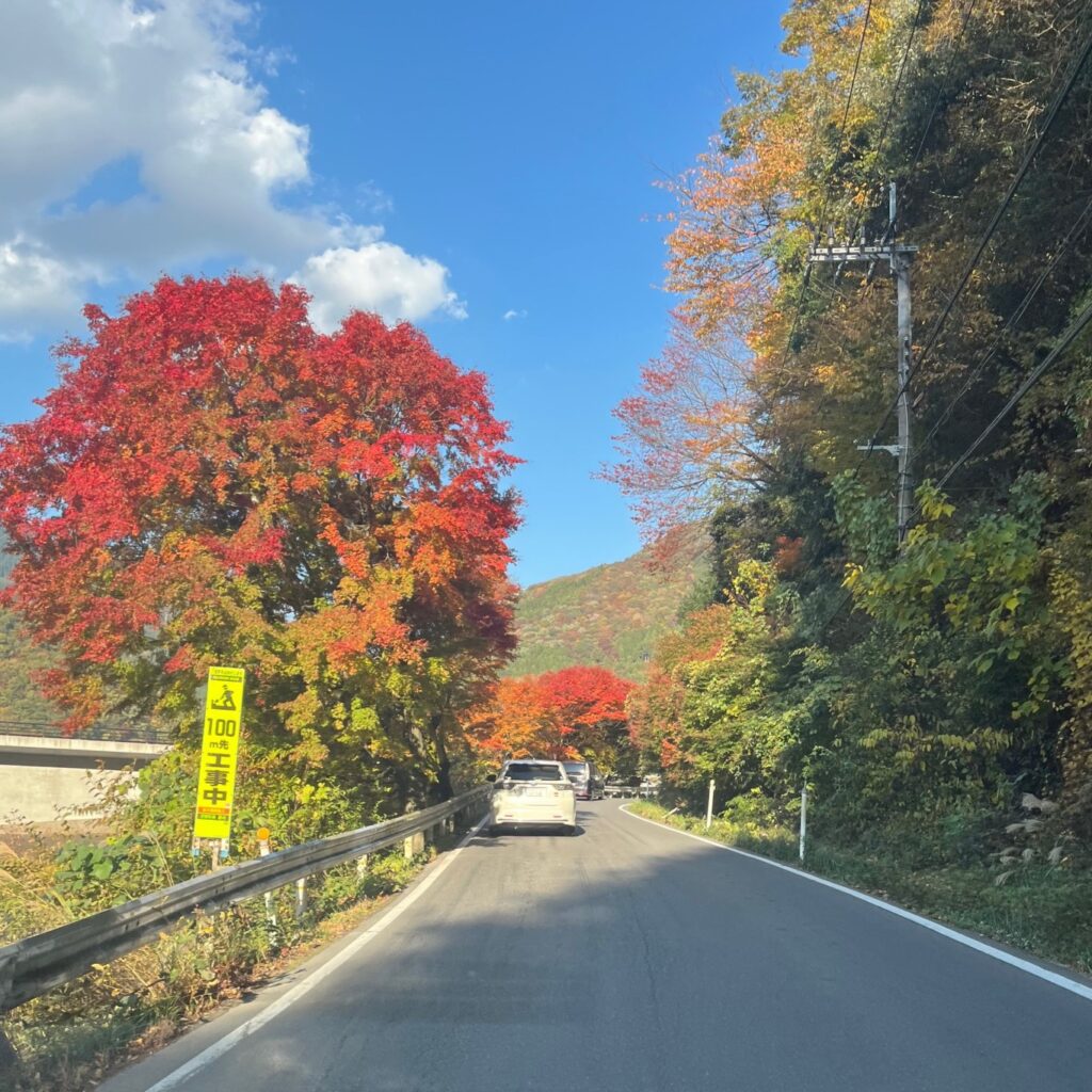 青い空と美しい山に囲まれた峠道、道路左右は紅葉に彩られている