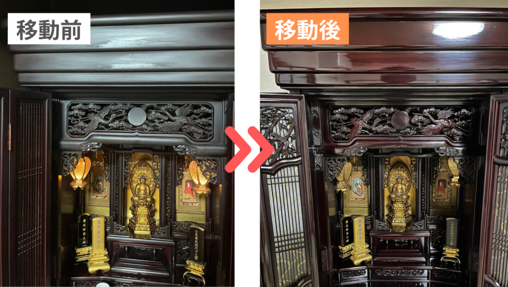 仏壇引越し移動、運搬輸送後に職人による磨き艶出しで輝くお仏壇