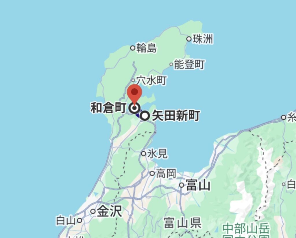 能登半島の地図、石川県から日本海側に細長く伸びて陸続きの半島になっている