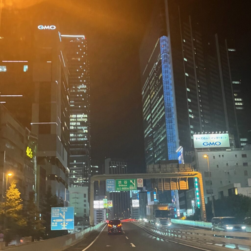 夜の首都高速、高層ビルに挟まれきらびやかな光に照らされている