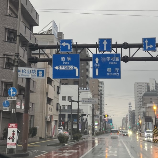 松山市内中心部、広い道路の側面にはビルやマンションが並び、松山城や道後の看板が見える