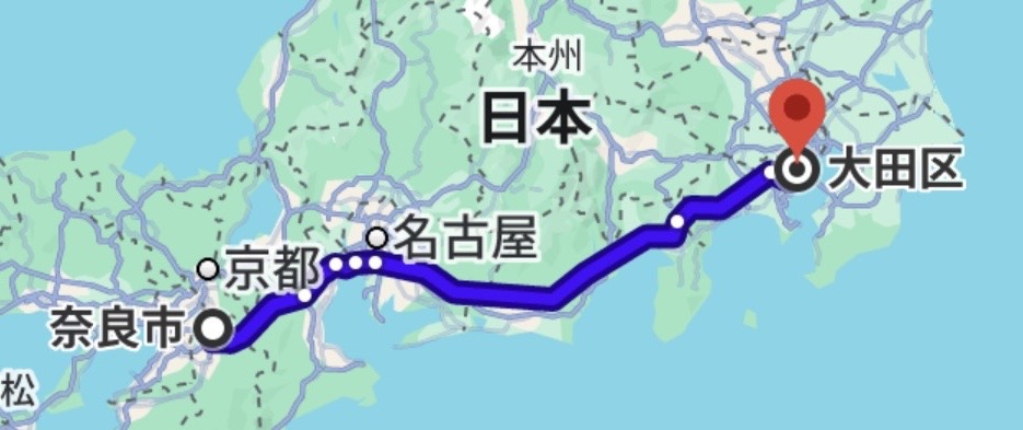 奈良市から東京都大田区のルート図、高速一本道で5時間58分、475キロメートルの道のり