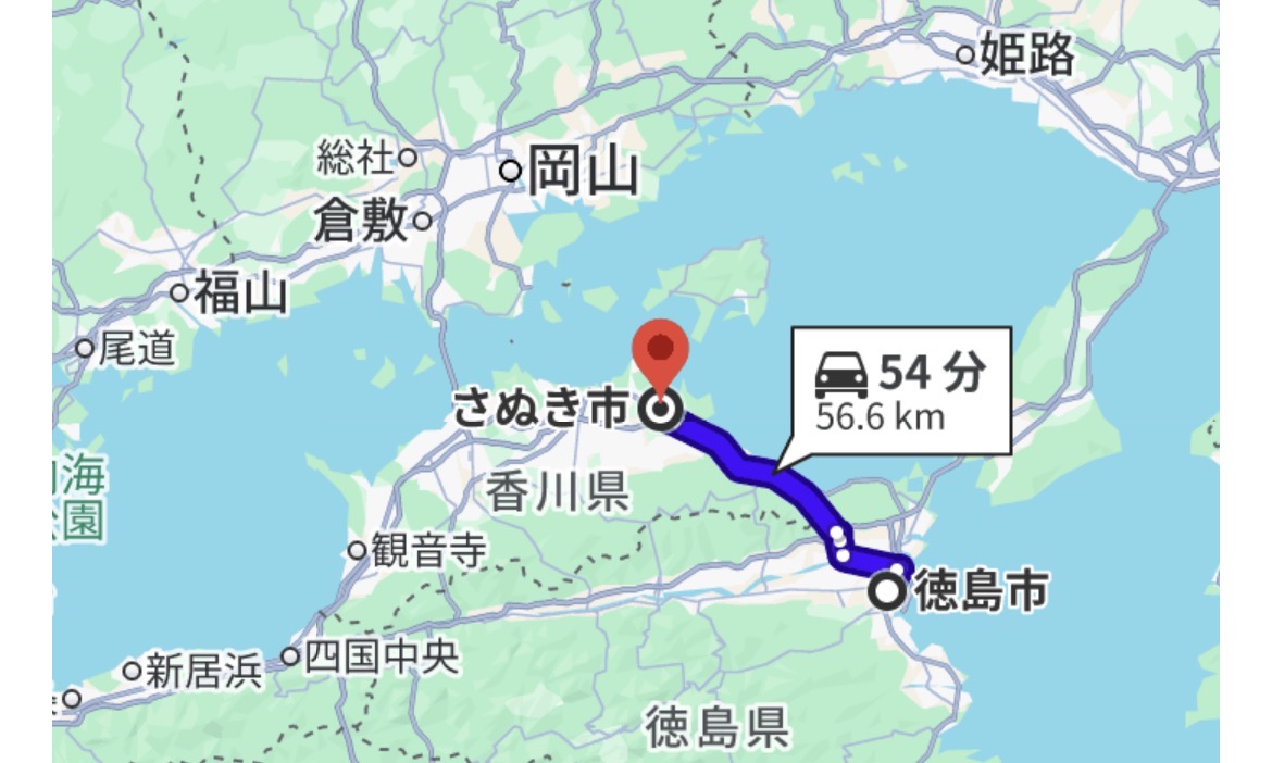 徳島市から香川県さぬき市までの地図、高速道路経由で約56キロメートルの道のり