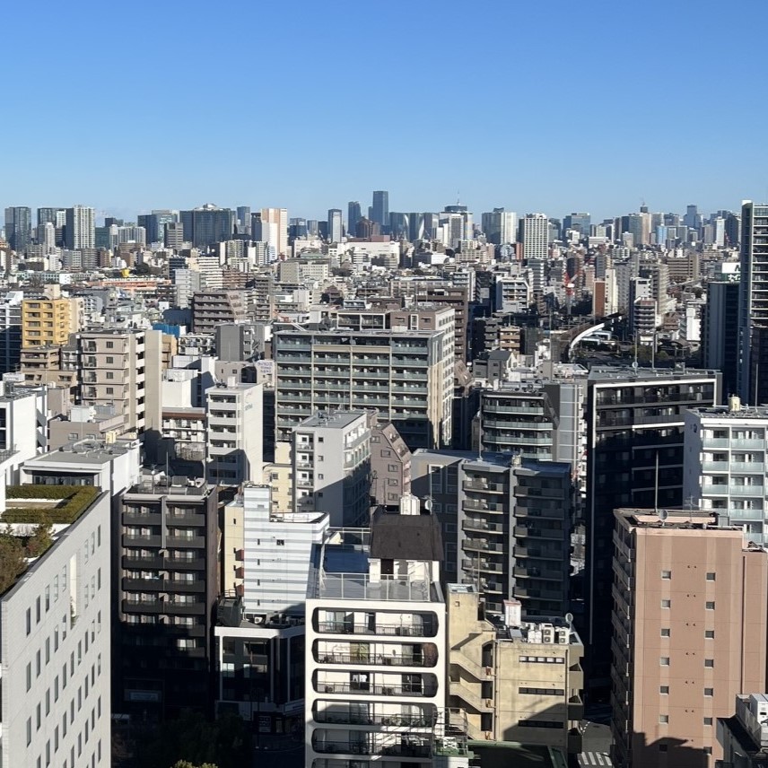 上層階から望む東京都心部、見渡す限りに大都会の高層ビル群の水平線が広がっている
