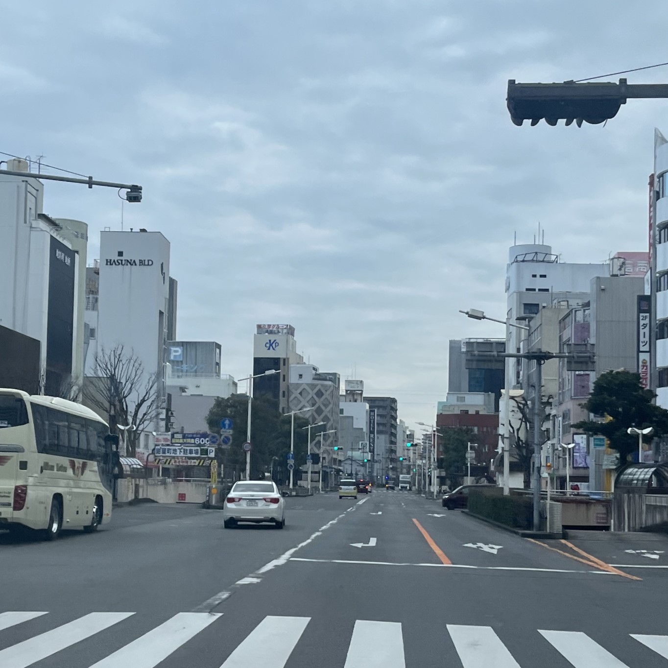 徳島市内の中心部、広い道路の側面には近代的なビルやマンションが並んでいる