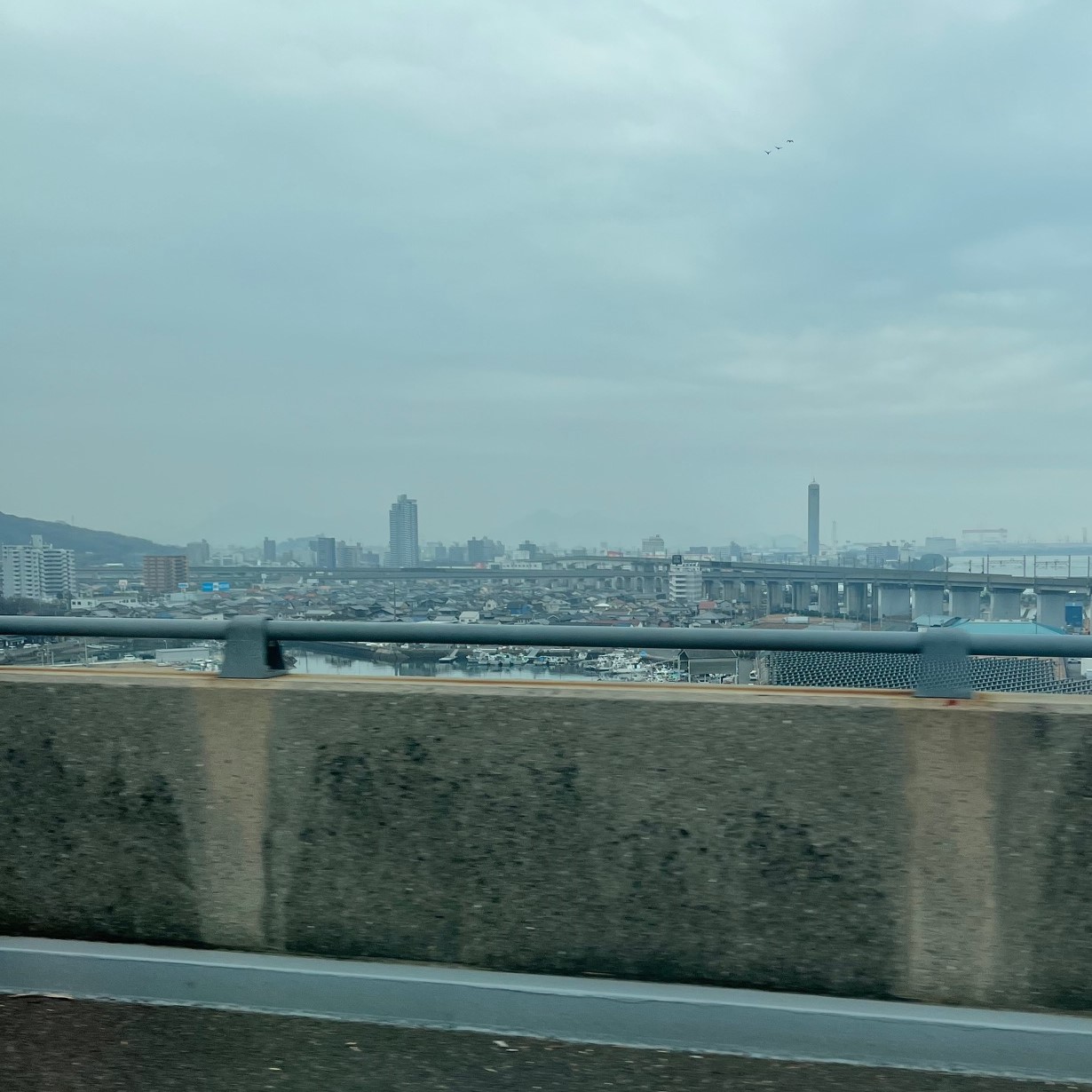 帰りの高速道路から見えた香川県丸亀市の街並み、海沿いにビルやマンション、住宅が並んでいる