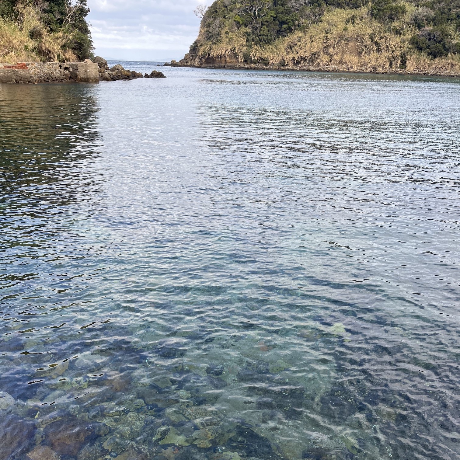 山と山に挟まれた海の入り江、海水は綺麗で透き通っている