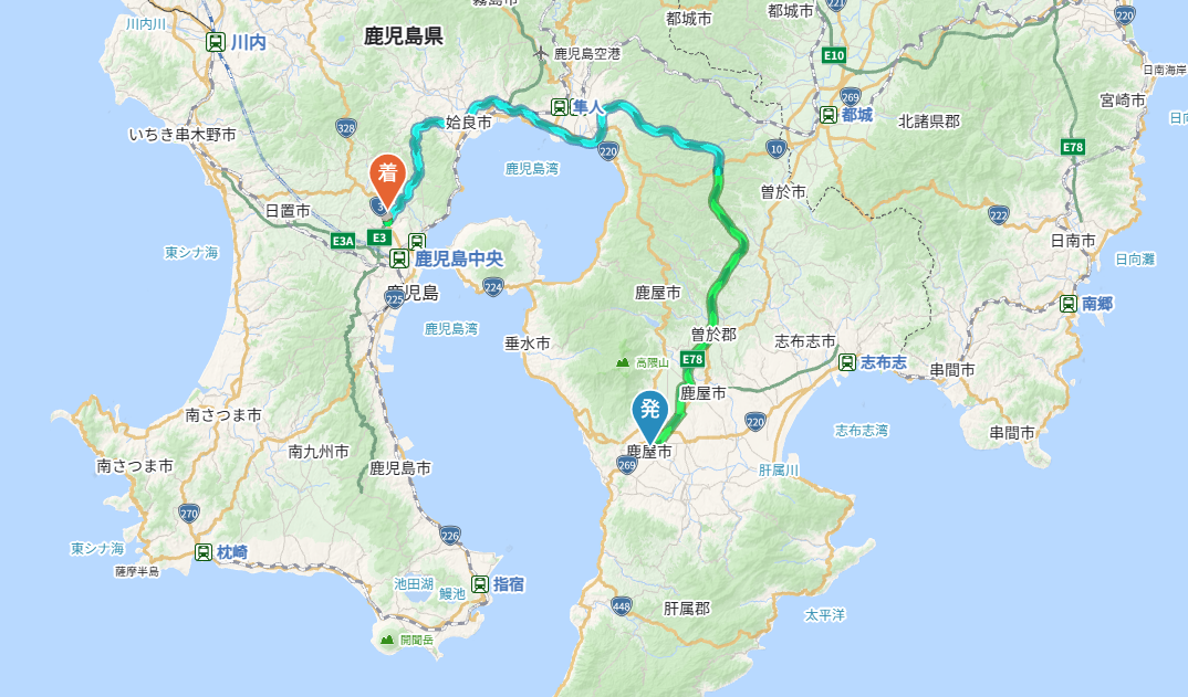 鹿児島県鹿屋市から鹿児島市までの地図、鹿屋市から高速道路に乗り桜島を中心に鹿児島湾沿いを走り鹿児島市へ向かう