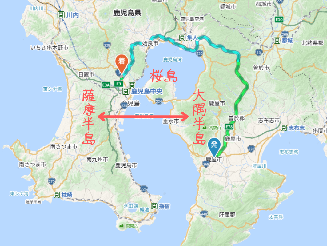 鹿児島県の地図、桜島を中心に西側の薩摩半島と東側の大隅半島に分けられている